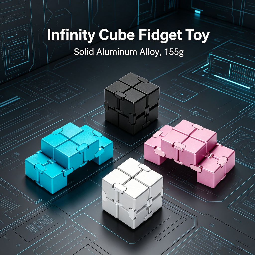 An overview display of the premium solid aluminum infinity cube in four anodized color options: Cyan Blue, Rose Gold Pink, Titanium Black, and Precision Silver.