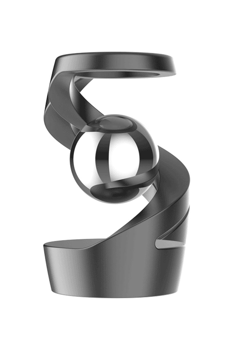 Desk floating gyroscope stress relief toy made of aluminum alloy, modern minimalist desktop kinetic sculpture with balance rotation design, black color on white background