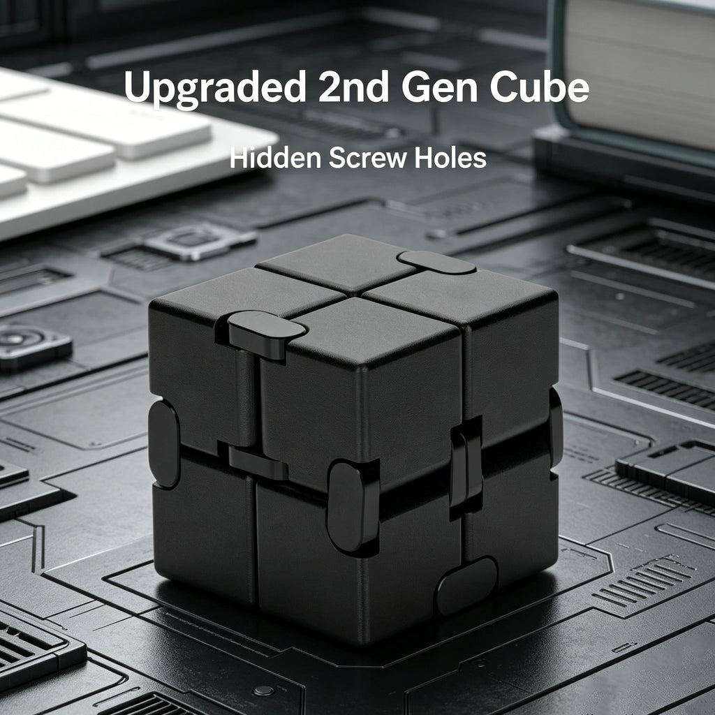 A close-up of the upgraded matte black aluminum alloy infinity cube fidget toy, highlighting the seamless design with new hidden screw holes.