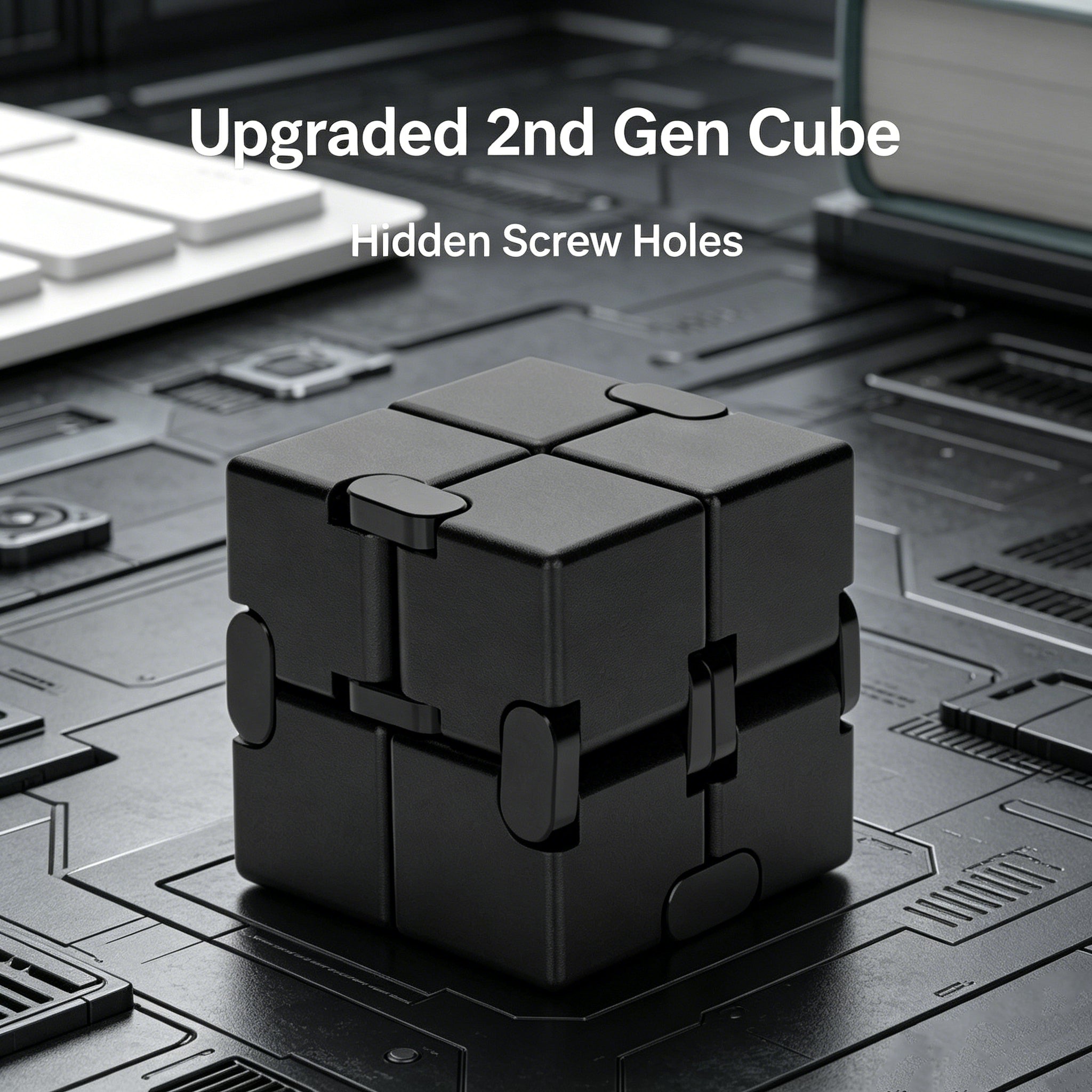 A close-up of the upgraded matte black aluminum alloy infinity cube fidget toy, highlighting the seamless design with new hidden screw holes.