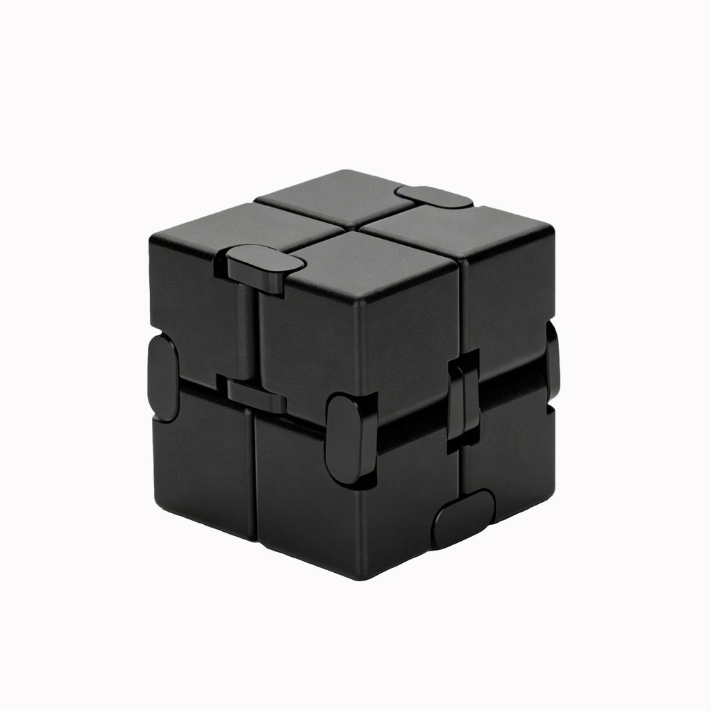 A clean, professional product photograph of a premium solid aluminum alloy infinity cube in black, presented in its closed compact mode against a dark background.