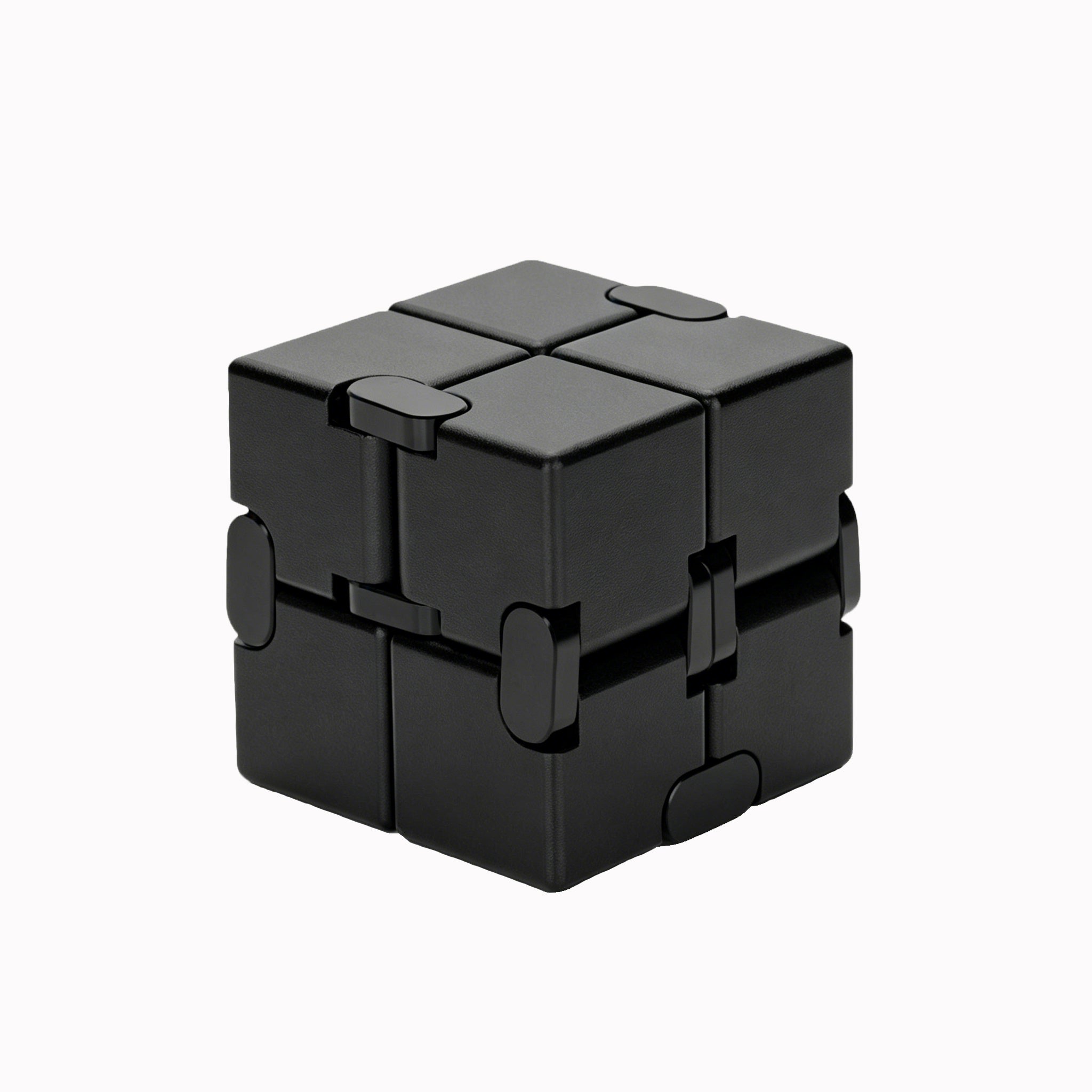 A clean, professional product photograph of a premium solid aluminum alloy infinity cube in black, presented in its closed compact mode against a dark background.