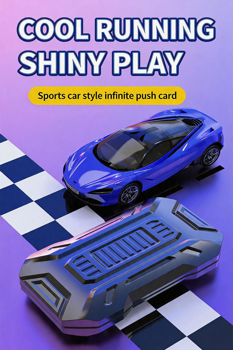 A promotional graphic featuring a sleek blue hypercar on a checkered racetrack alongside a matching blue DeskSanctuary GT metallic magnetic fidget slider. Bold white headline text reads "COOL RUNNING SHINY PLAY" with a yellow badge stating "Sports car style infinite push card". Ideal main product image for EDC gear enthusiasts.