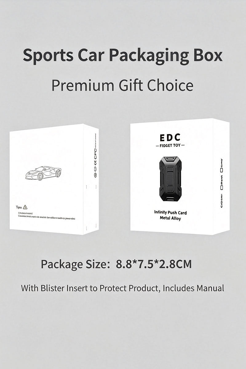 Product showcase of two minimalist white packaging boxes for the DeskSanctuary EDC fidget toy. The left box displays supercar line art, and the right box features a black metal slider. Product description text outlines "Sports Car Packaging Box Premium Gift Choice" with dimensions "Package Size: 8.87.52.8CM" and details about a blister insert and manual.