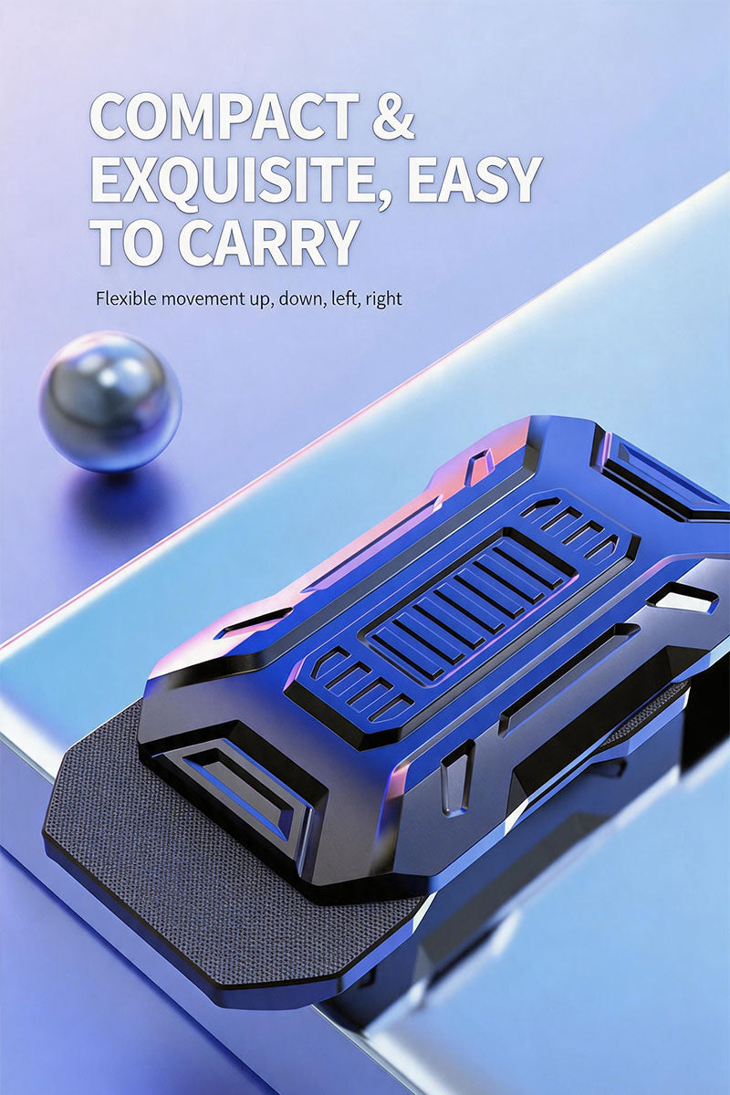 A product feature photograph of a metallic blue DeskSanctuary omnidirectional fidget slider resting on a reflective surface next to a shiny metal bearing ball. The mechanical core is partially slid out, complemented by a white text overlay that reads "COMPACT & EXQUISITE, EASY TO CARRY" and "Flexible movement up, down, left, right".