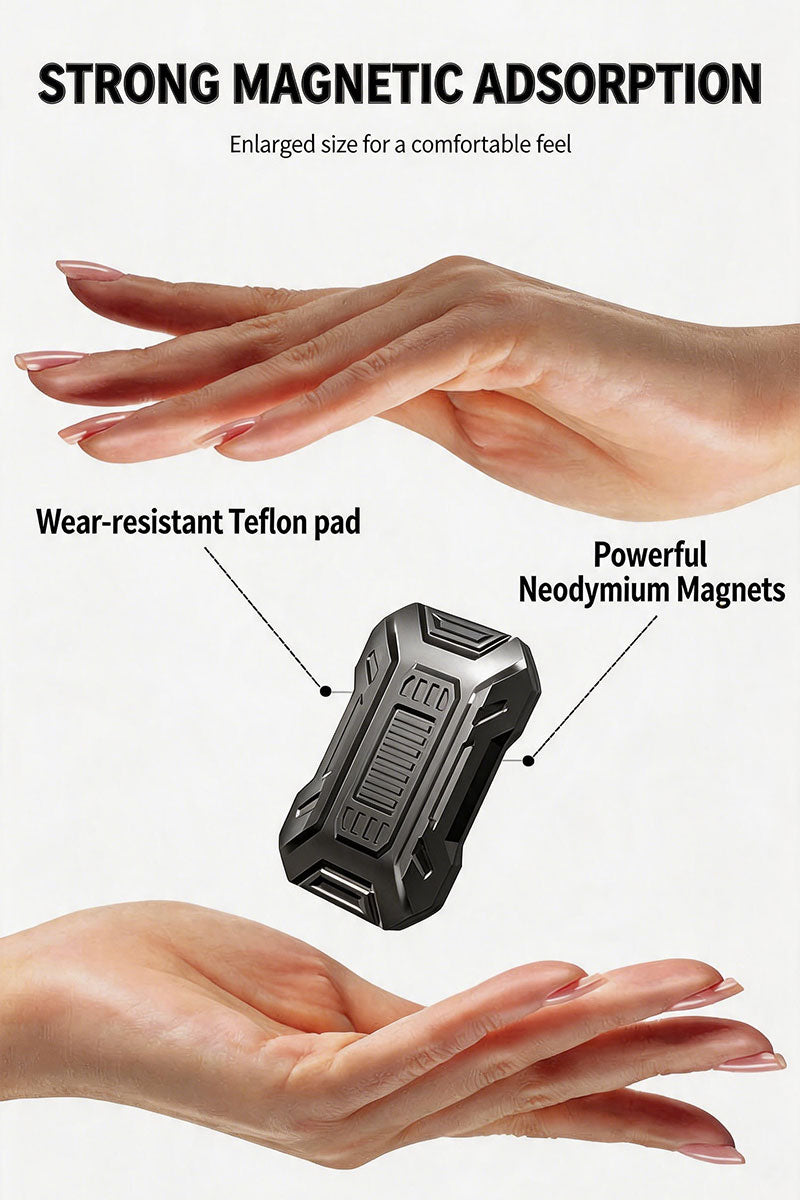 An educational product infographic for the DeskSanctuary GT hypercar magnetic fidget slider, demonstrating its features between two open human hands. The dark gray CNC machined metal alloy slider is positioned in the center, with pointer lines indicating its key components: "Wear-resistant Teflon pad" on the left and "Powerful Neodymium Magnets" on the right. The top of the image features large bold headline text reading "STRONG MAGNETIC ADSORPTION" followed by the subheadline "Enlarged size for a comfortab
