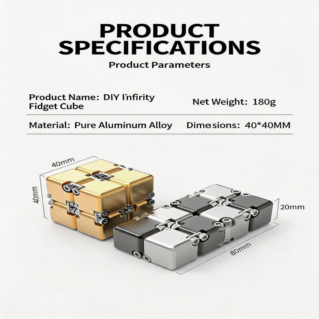 Product specifications and dimension size chart for the 180g pure aluminum alloy infinity cube.