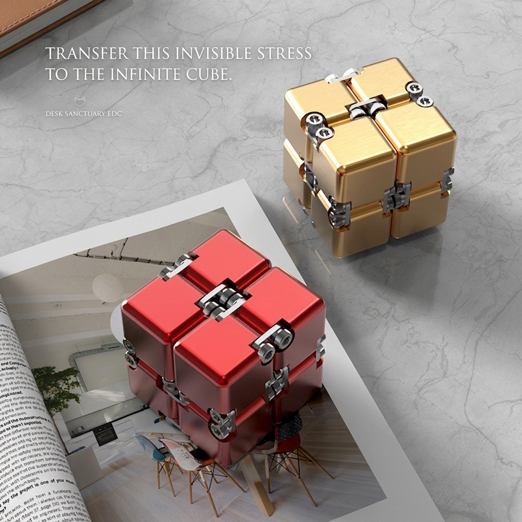 Premium executive workspace setup featuring luxury gold and crimson red metal infinity cubes.