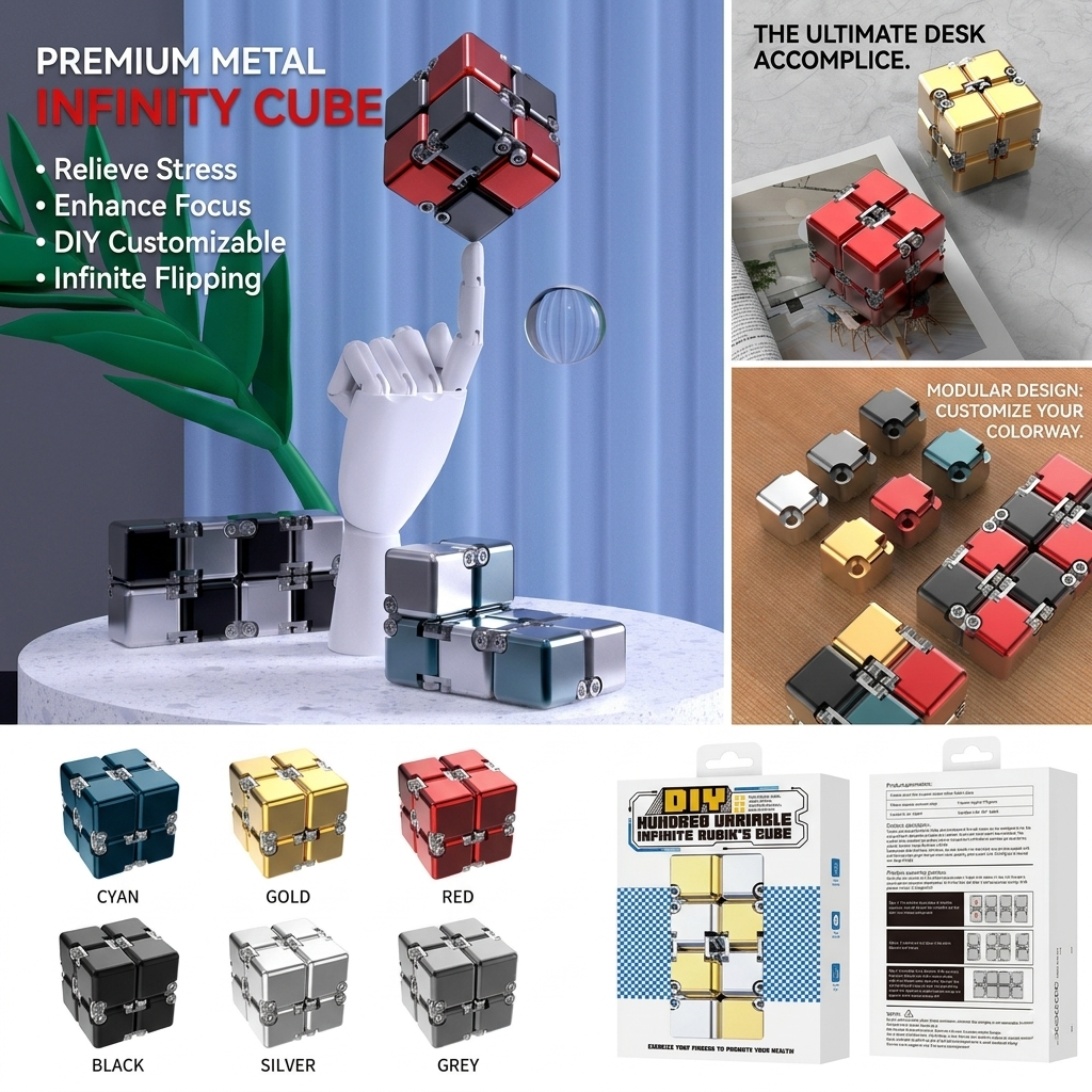 Product features overview of DeskSanctuary metal infinity cube including retail packaging and color swatches