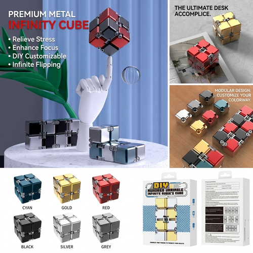 Product features overview of DeskSanctuary metal infinity cube including retail packaging and color swatches