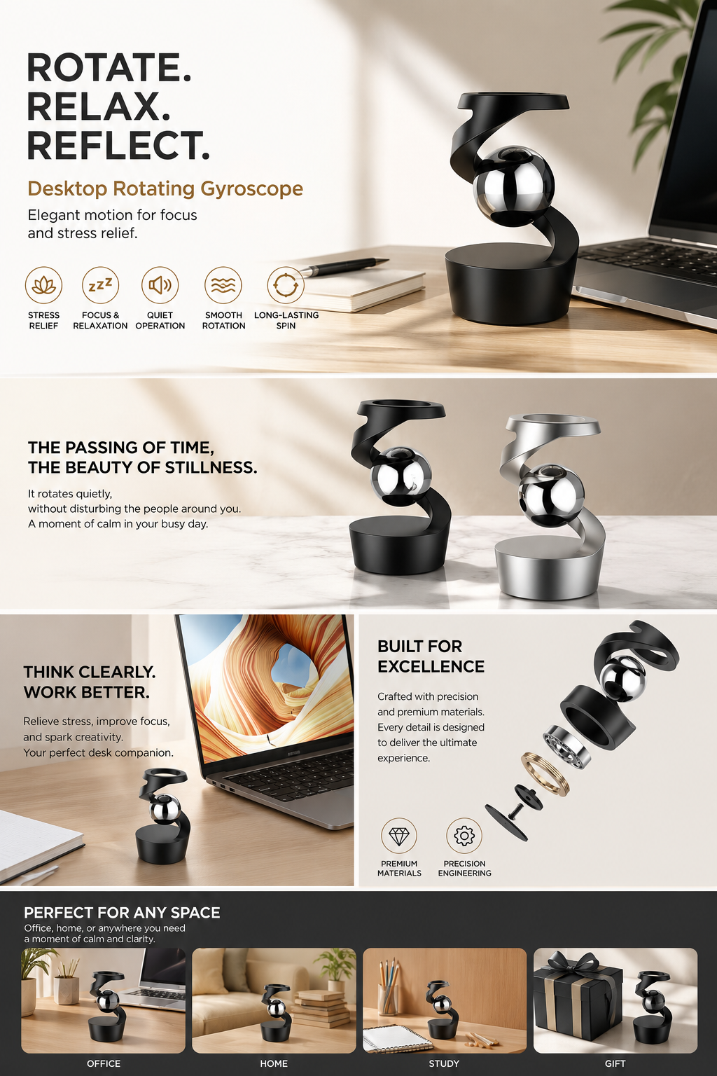 Desk Floating Gyroscope Stress Relief Toy – Aluminum Alloy Kinetic Desk Sculpture for Focus & Relaxation