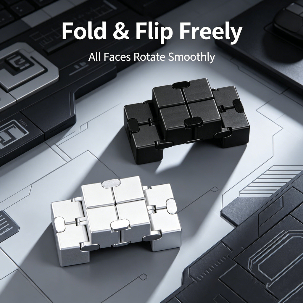 An overhead comparison view of the black and silver metal infinity cubes, each partially unfolded to show different configurations and smooth joint rotation.