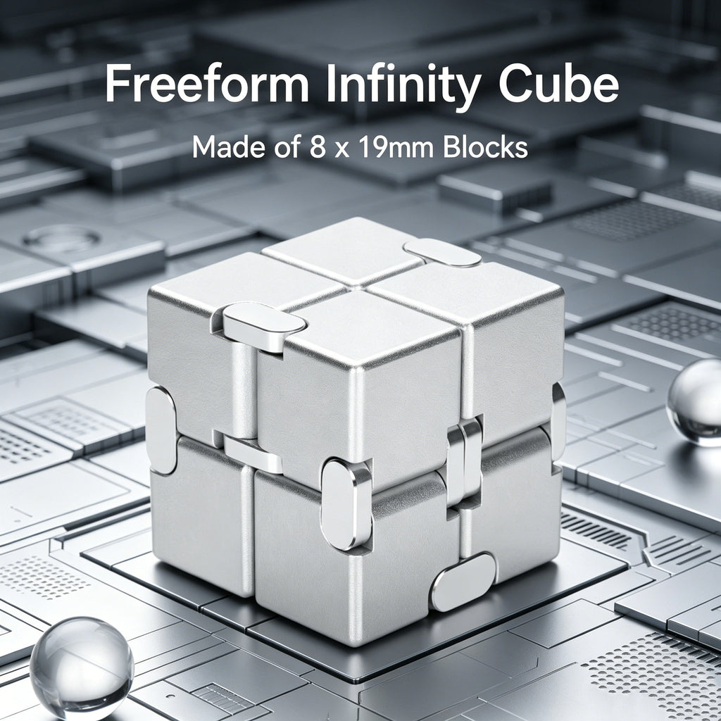 A close-up view of the matte precision silver aluminum infinity cube in a folded closed state, demonstrating its compact size for EDC.