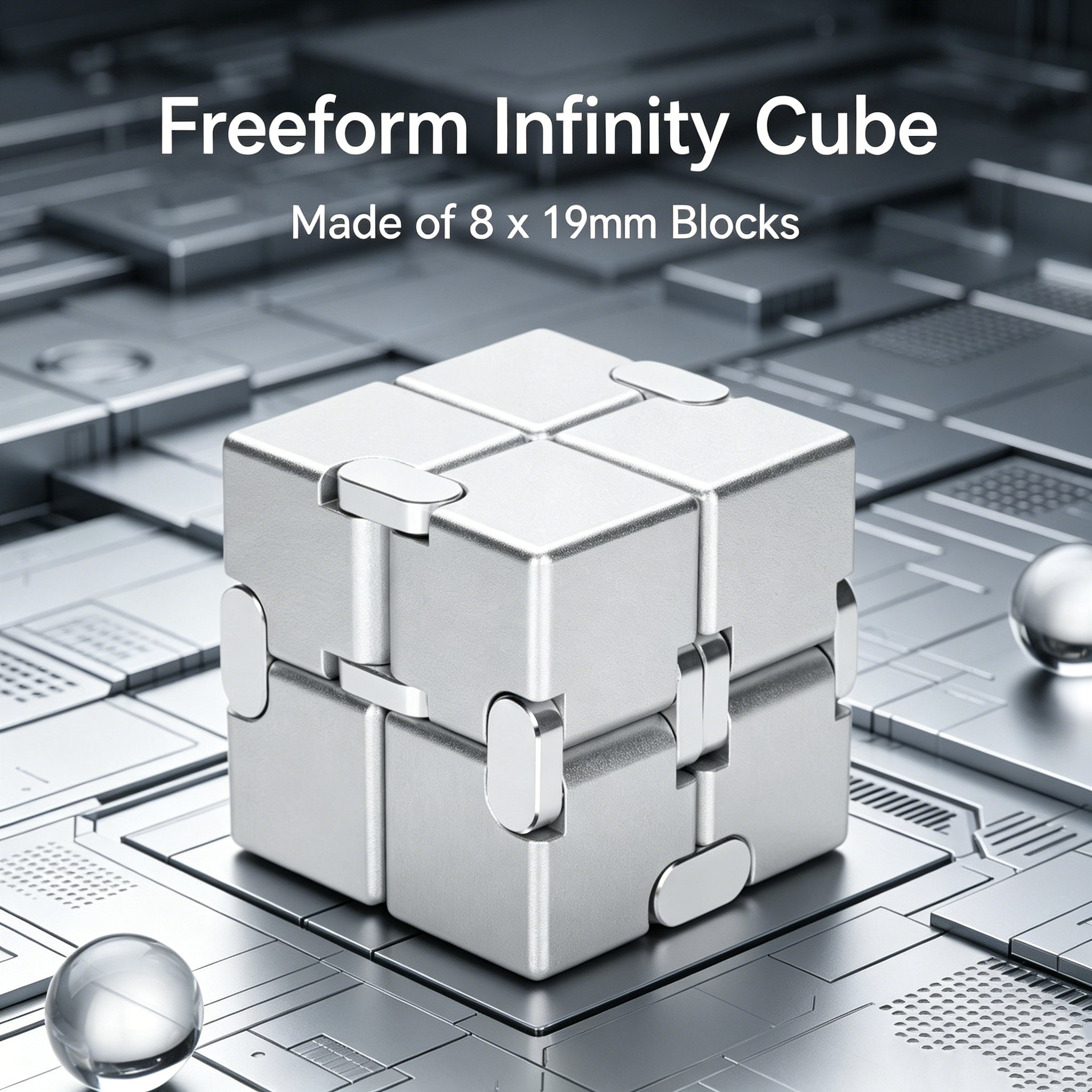 A close-up view of the matte precision silver aluminum infinity cube in a folded closed state, demonstrating its compact size for EDC.
